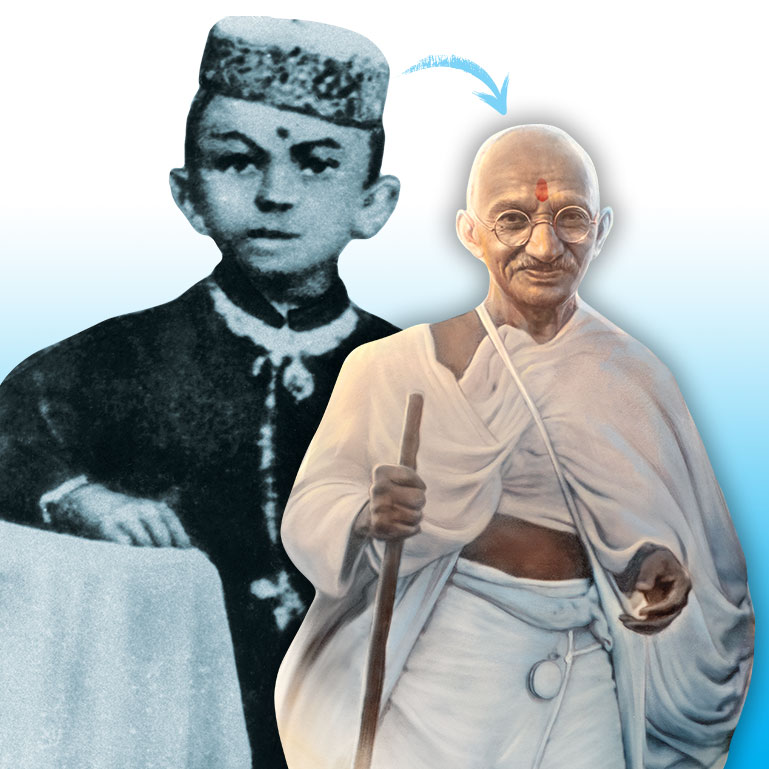 Gandhi Smiles as an old man. Inset, Gandhi as a young boy