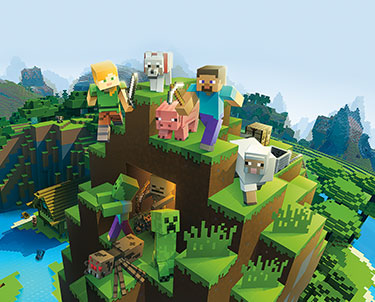 Minecraft characters stand on a blocky mountain.