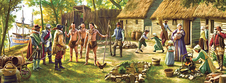 Native Americans speak to settlers outside their colony.