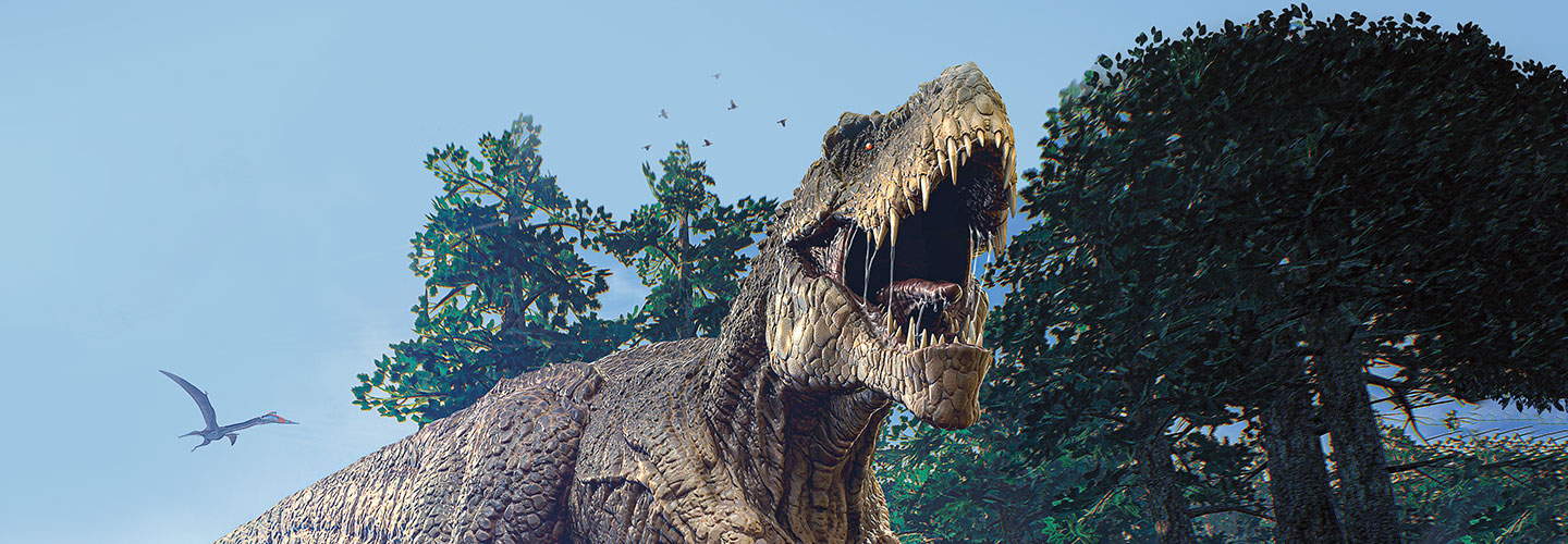 A Tyrannosaurs rex roars, showing its mouth full of teeth