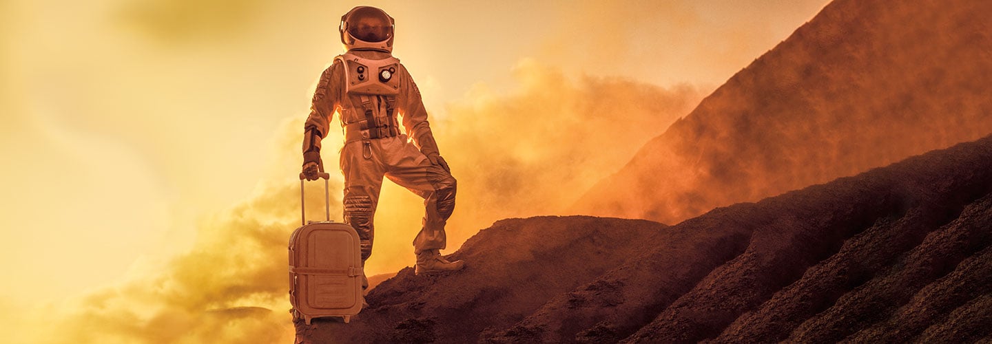 A man in a space suit stands on Mars with a suitcase.