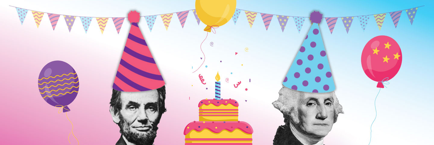 Abraham Lincoln and George Washington wear birthday hats. There’s a cake between them