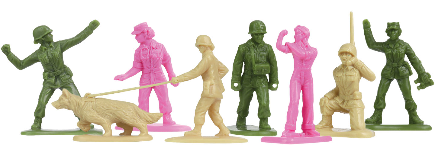 Plastic toy soldiers throw a grenade, hold a dog’s leash, and talk on the radio
