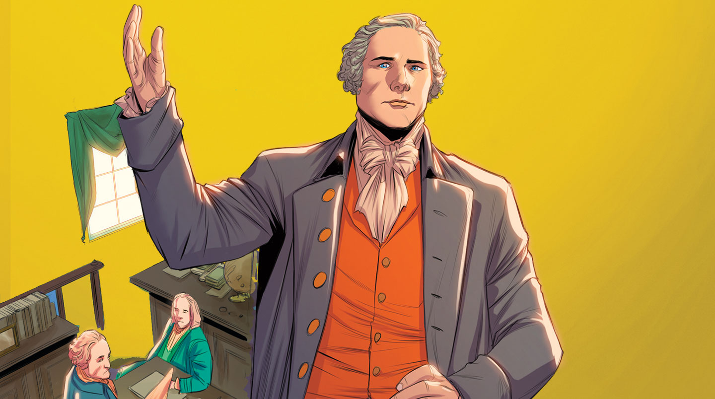 Alexander Hamilton raises his arm