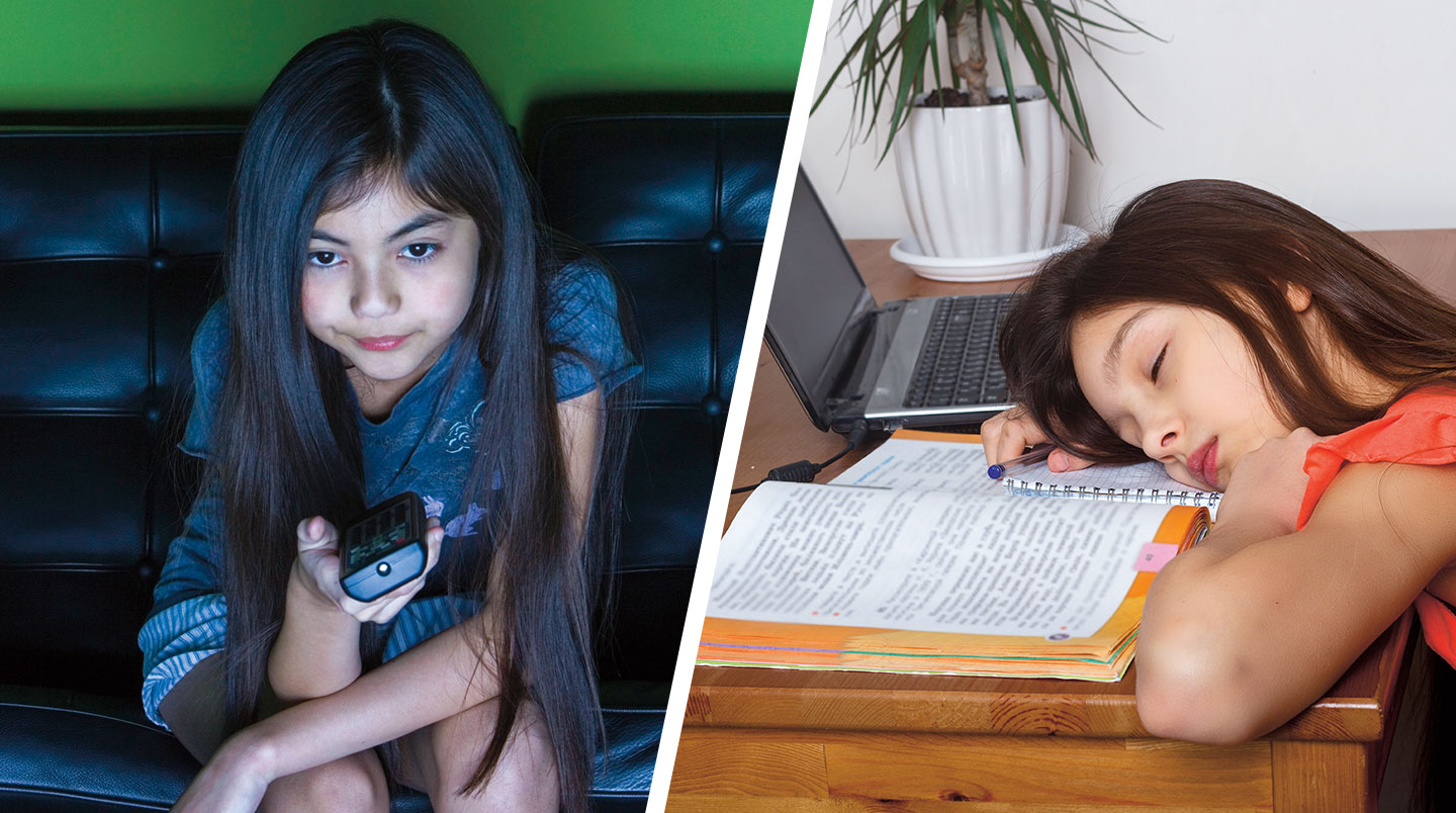 A young girl watches TV at night. During the day she falls asleep while doing schoolwork.