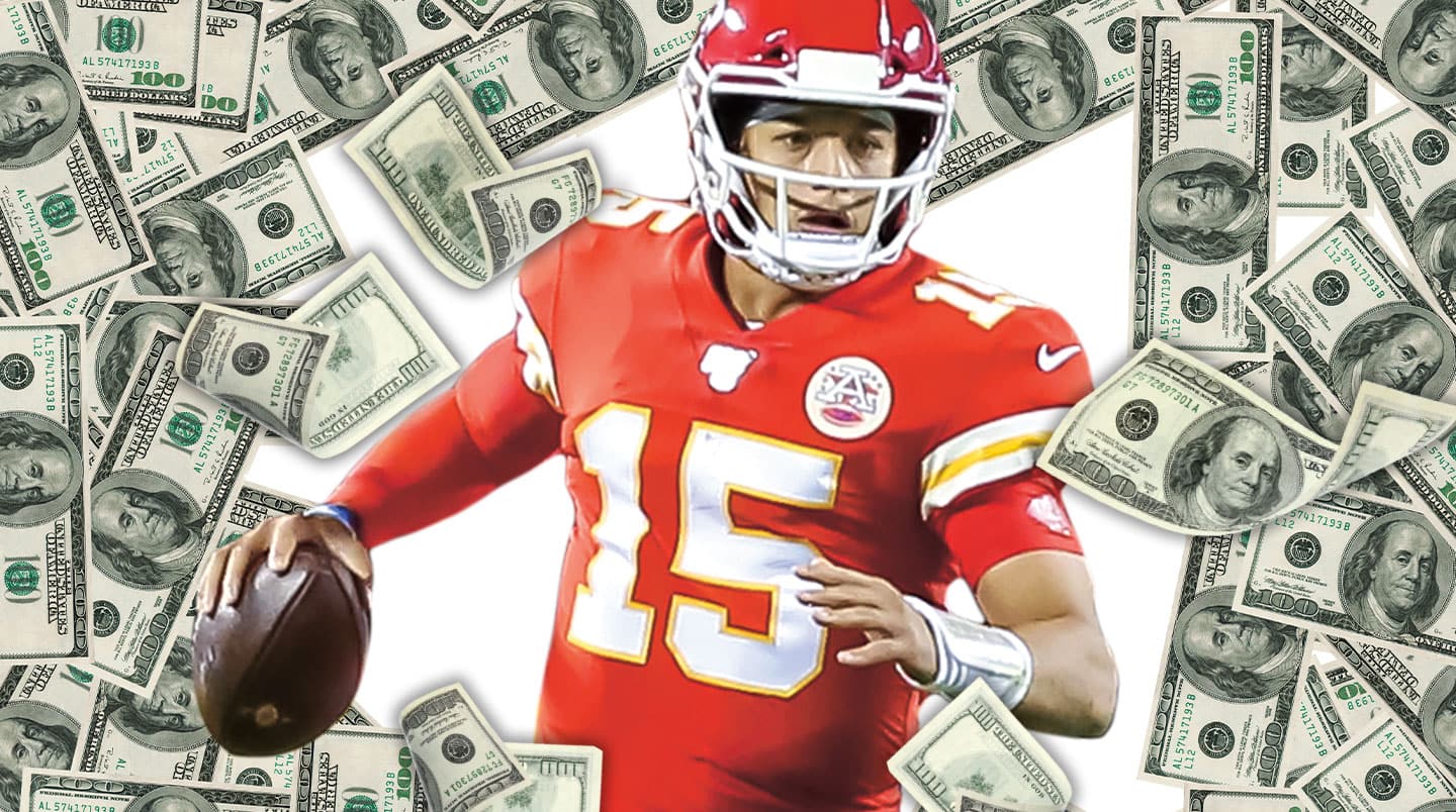 A football player surrounded by money