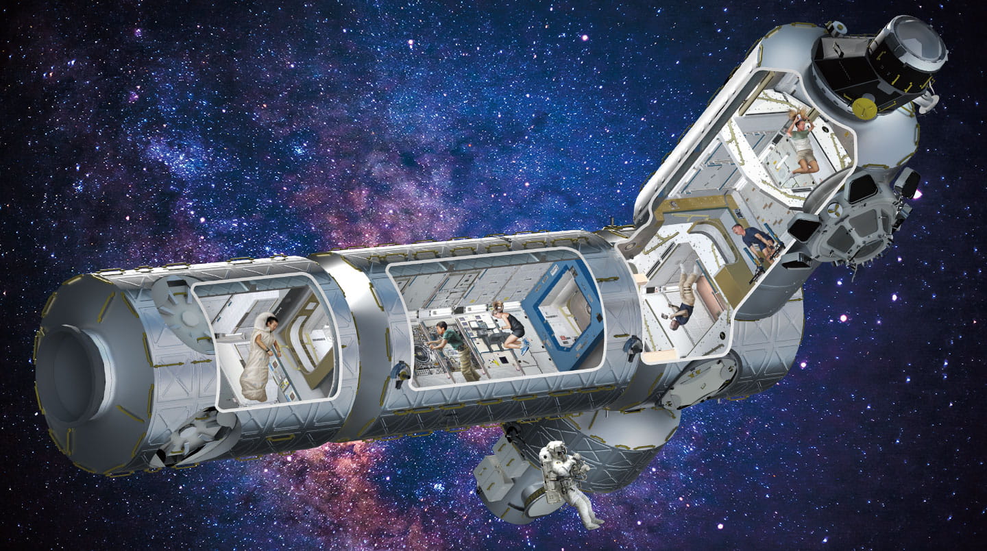 An illustration of the ISS with cutaways showing astronauts doing different things in each section