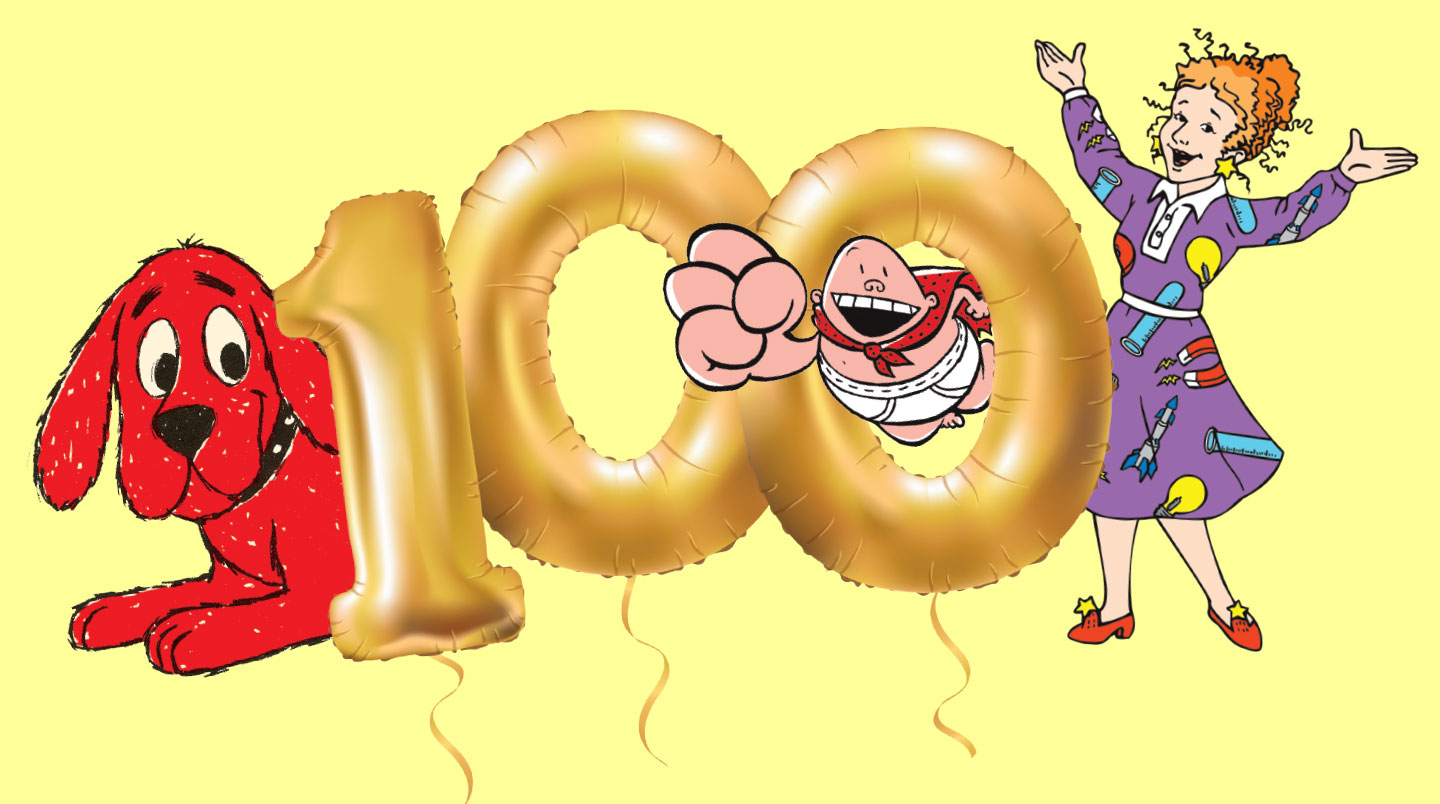 Book characters celebrate around the number 100.