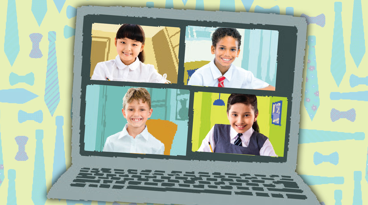 Four kids smile while on a video conference call