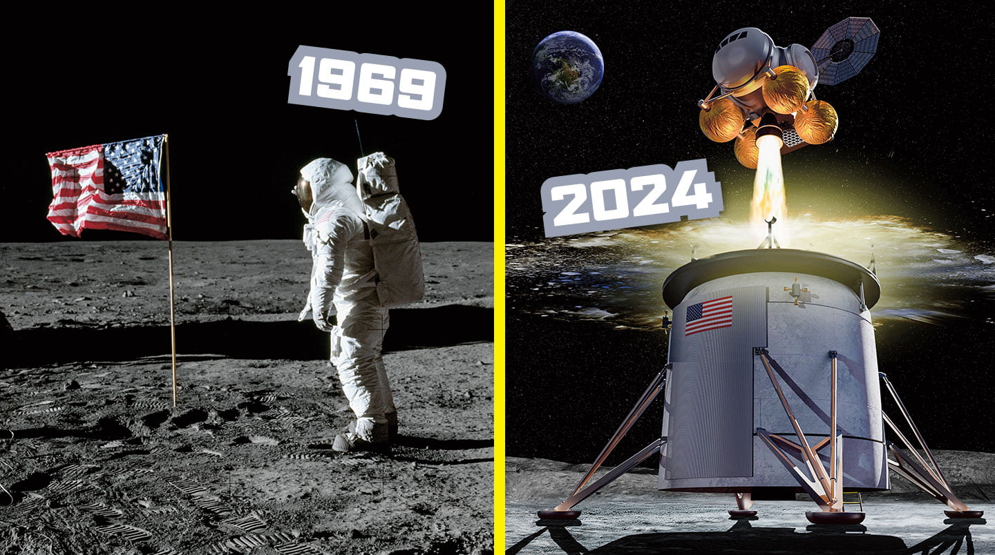 An Astronaut and American flag on the moon, 1969. An Artemis spacecraft on the moon, 2024