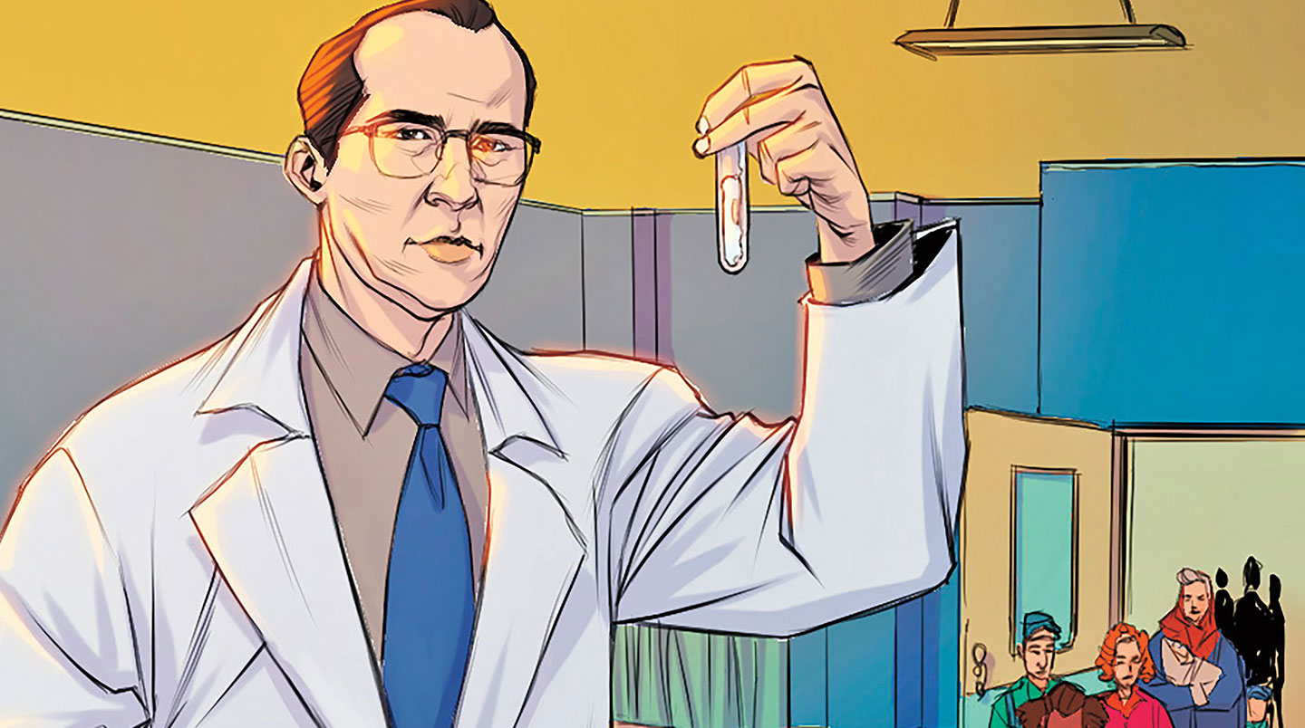 Jonas Salk holds a glass vial filled with liquid.