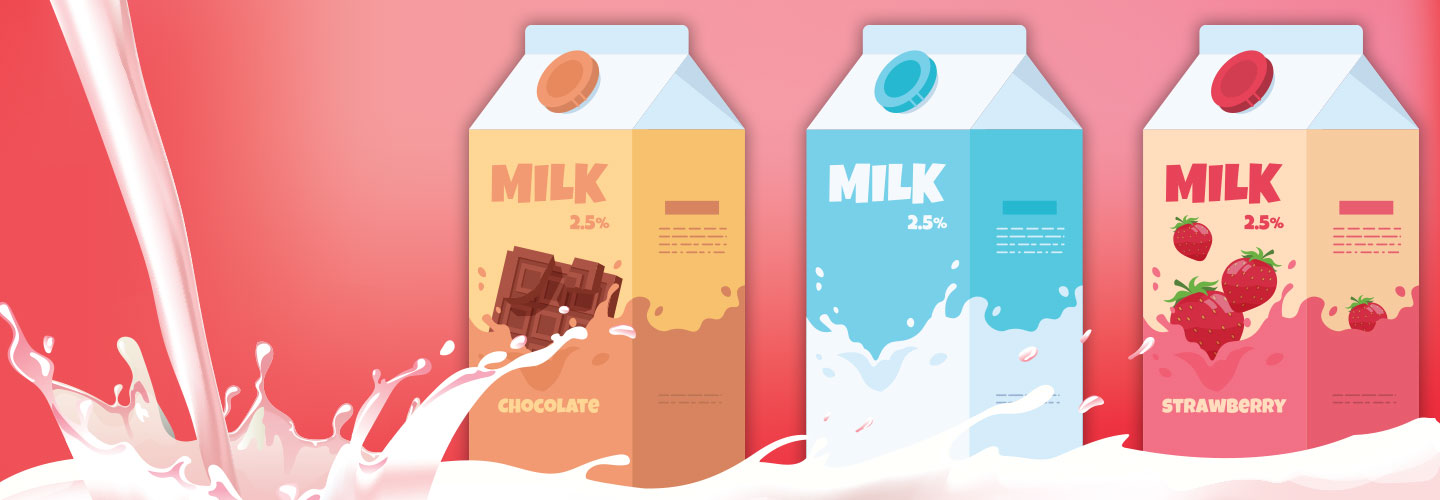 Illustration of three different kinds of milk: Chocolate, regular, and strawberry