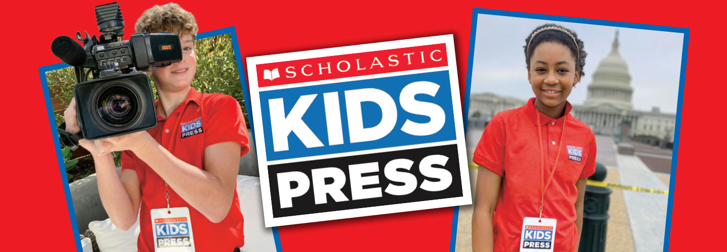 A young boy holds a camcorder. A young girl wears a press pass. Text, Scholastic kids press.