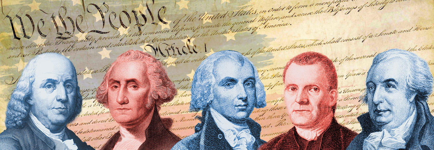 Illustration of five men&apos;s portraits with the Constitution in the background