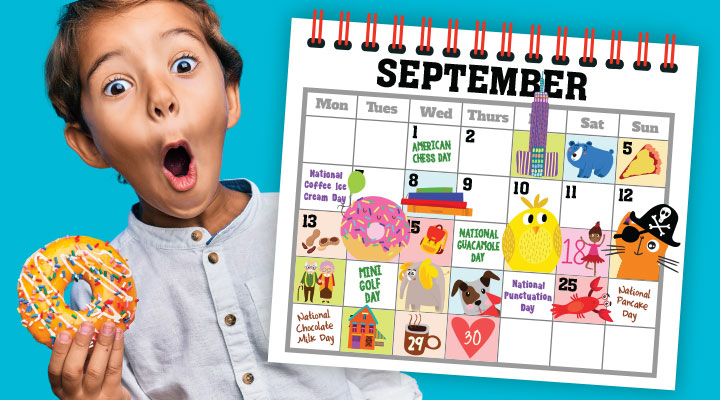 An excited child holding a decorated calendar and a donut