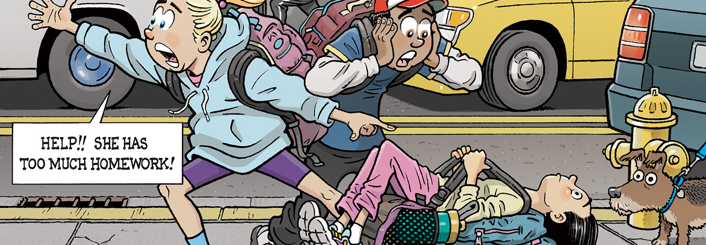 Illustration of three students on a city street. Two are worried and one is laying down
