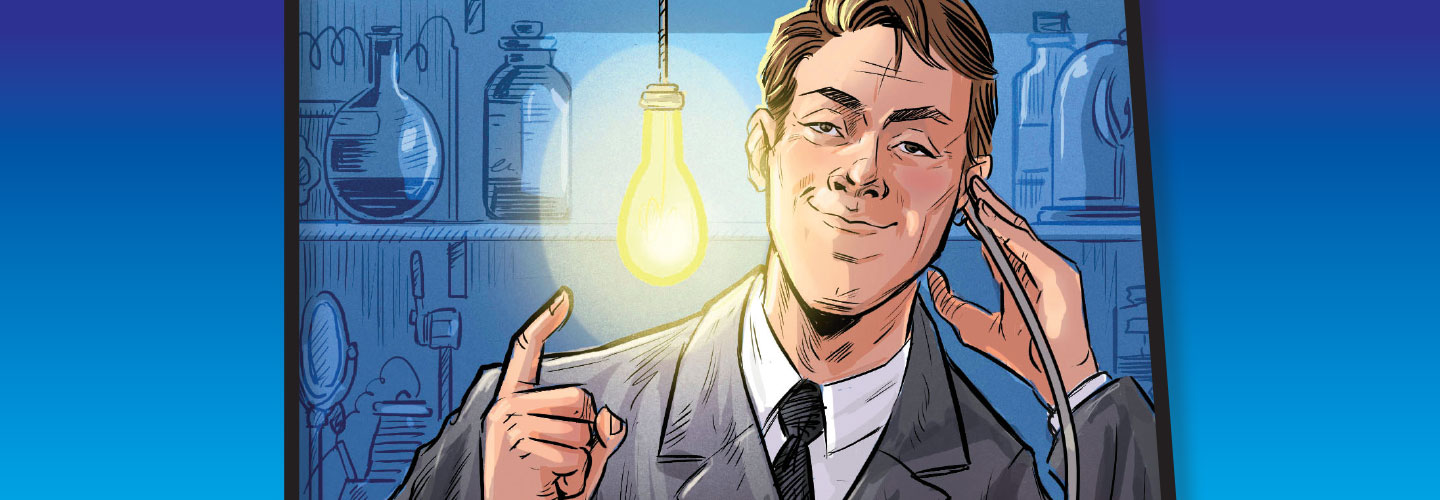 Illustration of a person in a suit next to a lightbulb