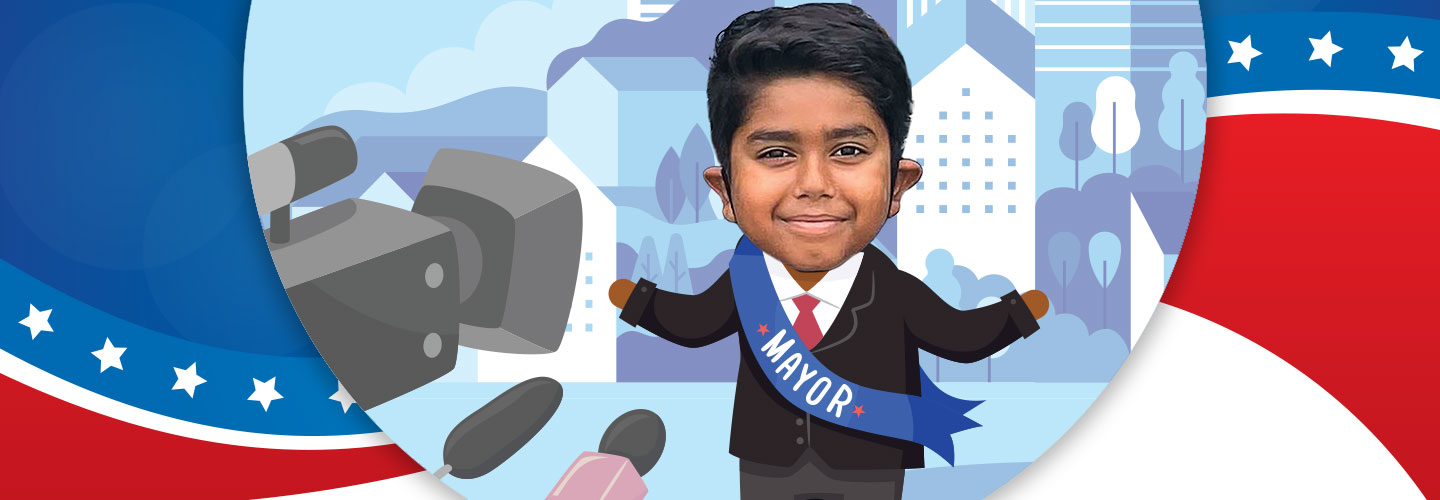Digital illustration of a kid mayor being interviewed