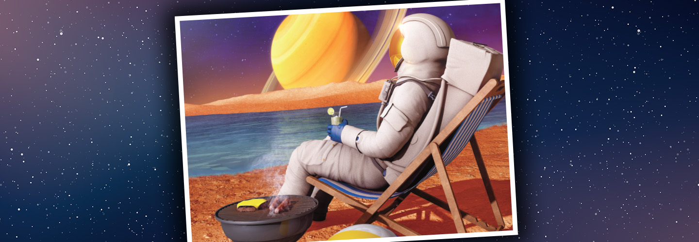 Postcard of an astronaut sitting on a lawn chair with a drink in hand and beach ball on Mars