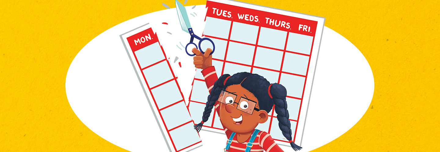 Illustration of a student using scissors to cut all the Mondays off a calendar