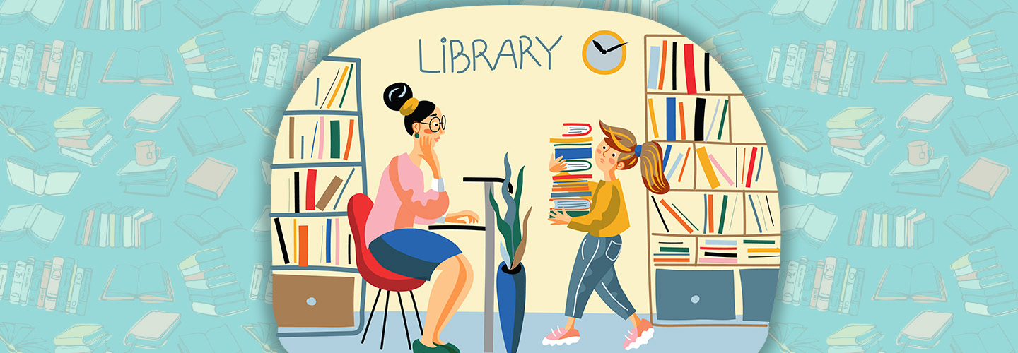 Illustration of a student carrying a large pile of books to the librarian&apos;s desk