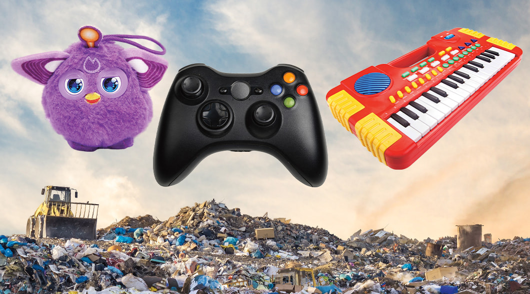 Image of a furby, game controller, and toy piano being thrown in garbage dump