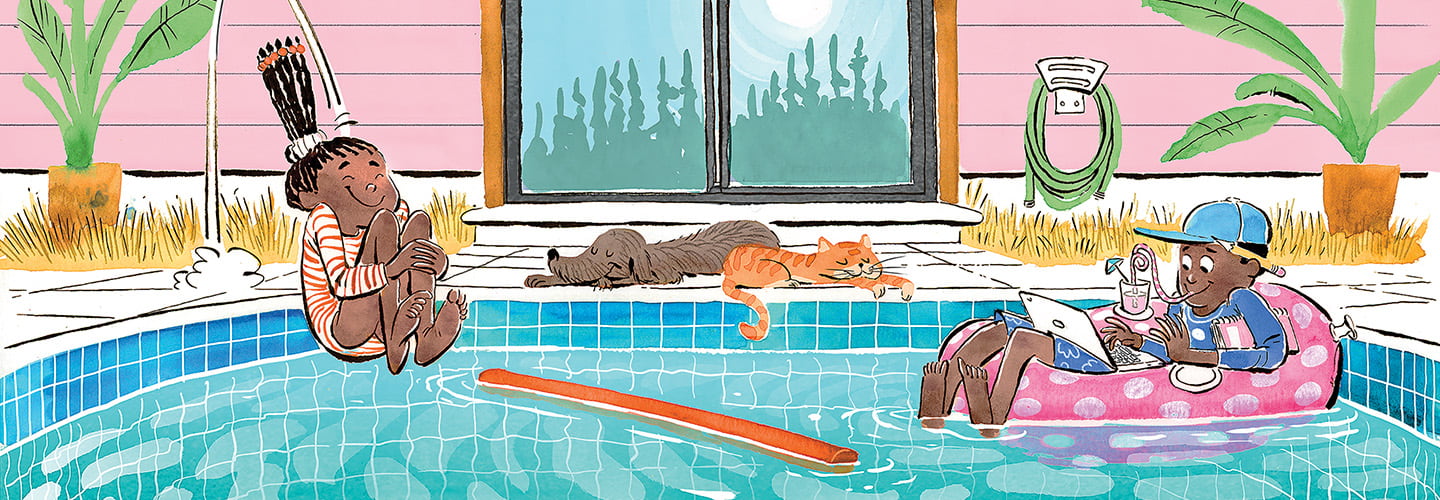 Illustration of two siblings hanging out by the pool in their backyard with their pets