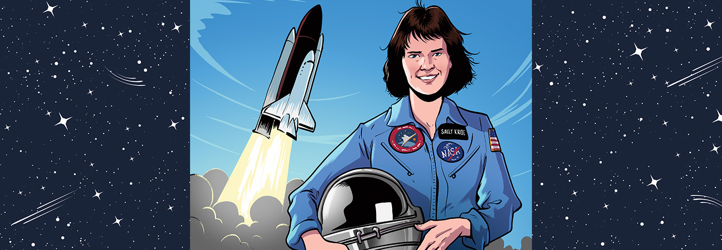 Illustration of Sally Ride in NASA gear and a spaceship launching in the background