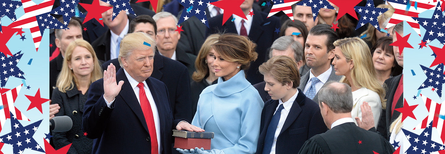 Image of President-elect Donald trump swearing presidential oath in front of family and large crowd