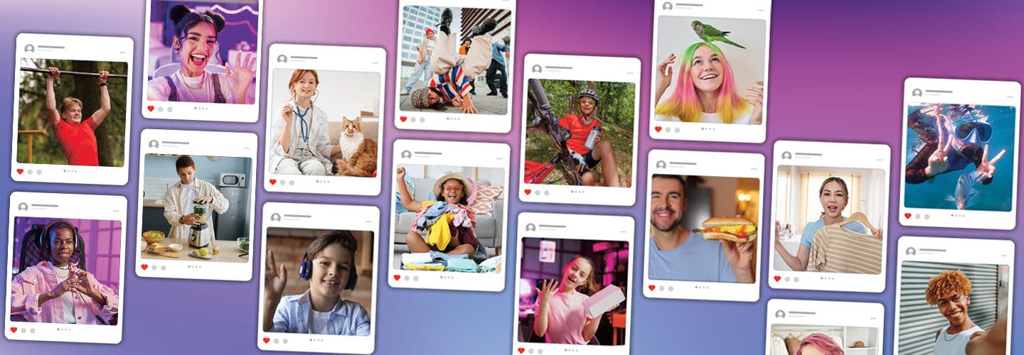 Collage of diverse young people in social media-style photo frames on a purple and blue background