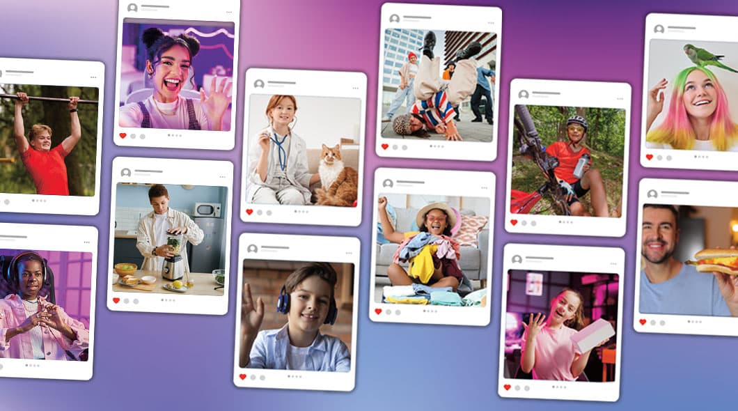 Multiple social media posts showing diverse young people engaged in various activities