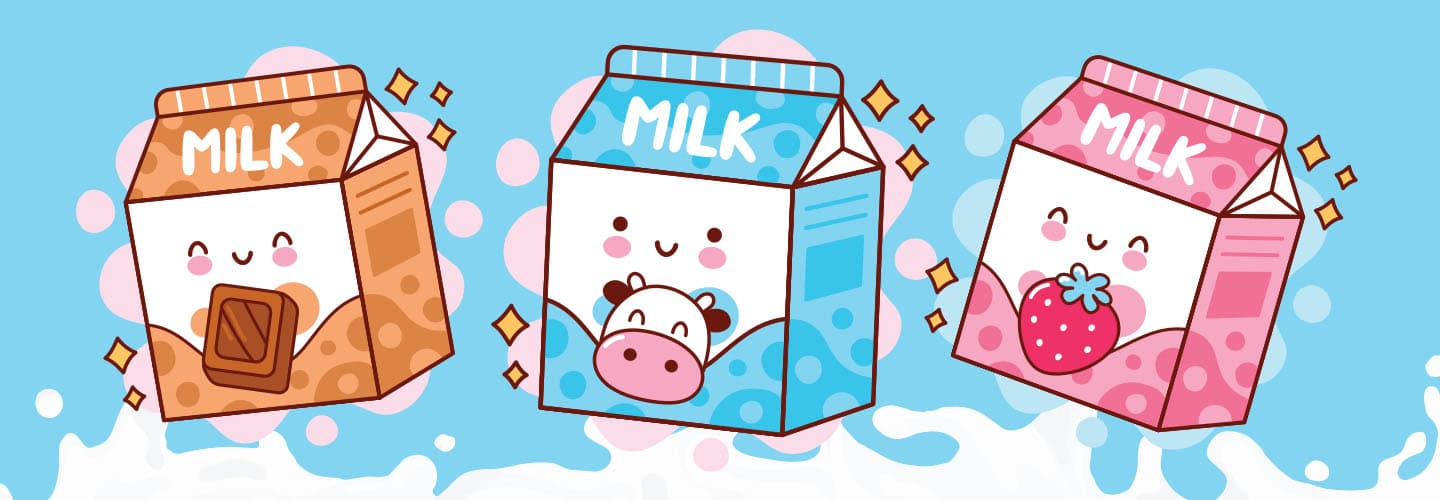 Three smiling milk cartons in chocolate, plain, and strawberry flavors