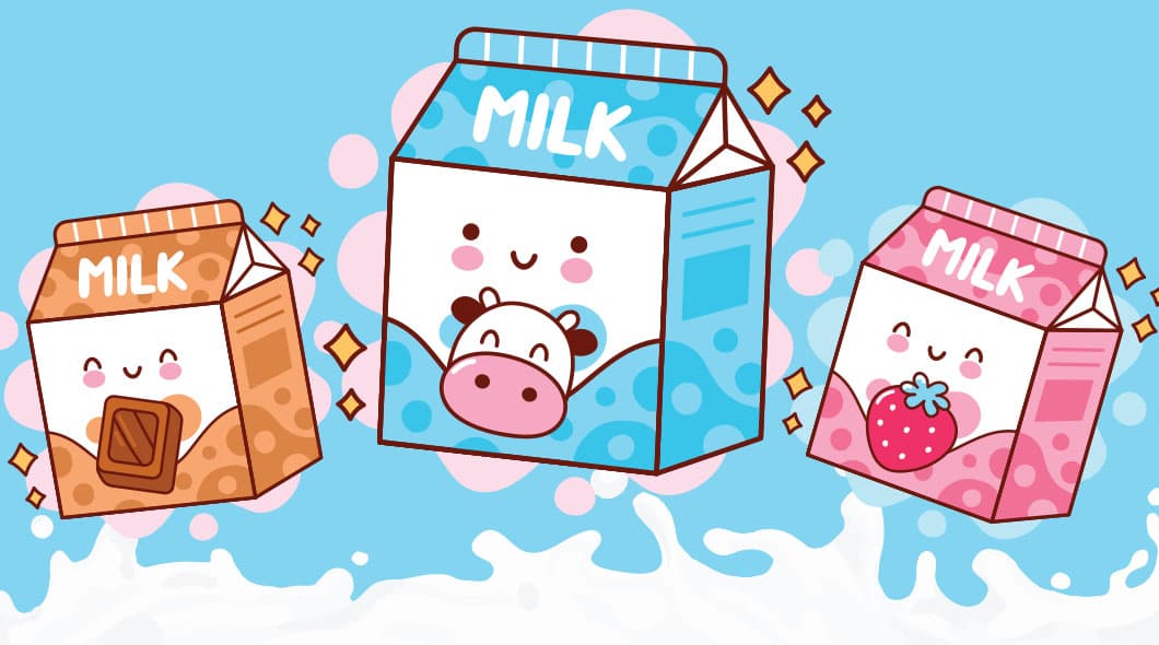 Three smiling milk cartons in chocolate, plain, and strawberry flavors with sparkles
