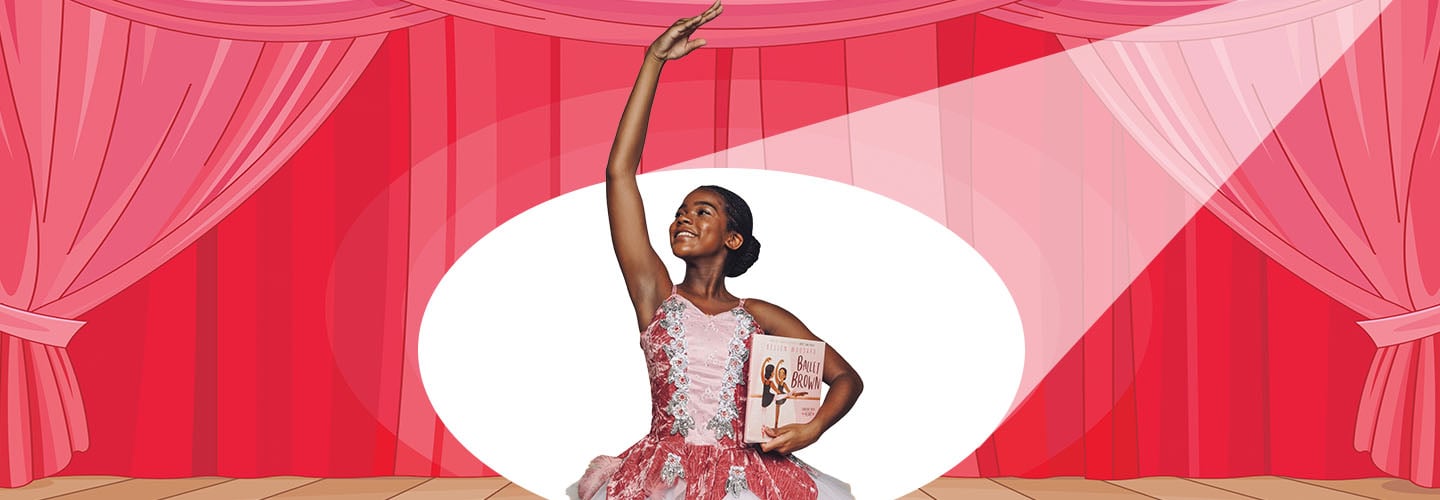 Image of ballet student in spotlight while holding a book