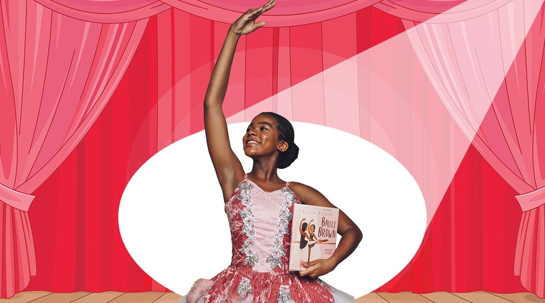 Image of ballet student in spotlight while holding a book