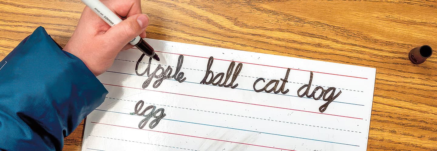 A student writes cursive words apple, ball, cat, dog, and egg on lined paper