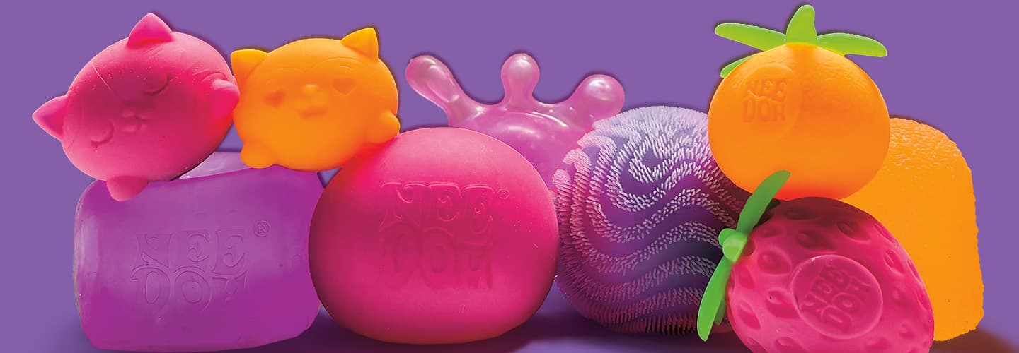 A collection of colorful Yee Doo branded sensory squeeze toys in various shapes and textures