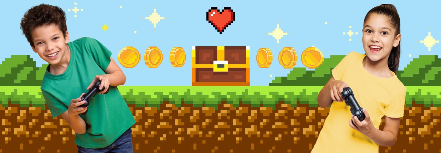 Two children hold game controllers in front of a pixel art background with coins and a treasure chest