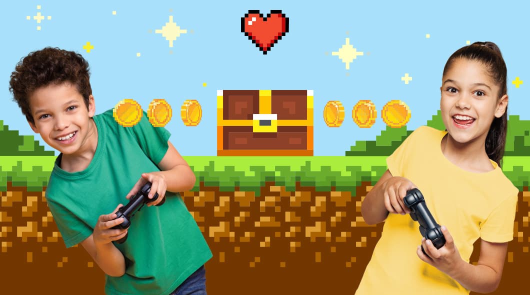 Two children hold game controllers in front of a pixel art video game background with coins and a treasure chest
