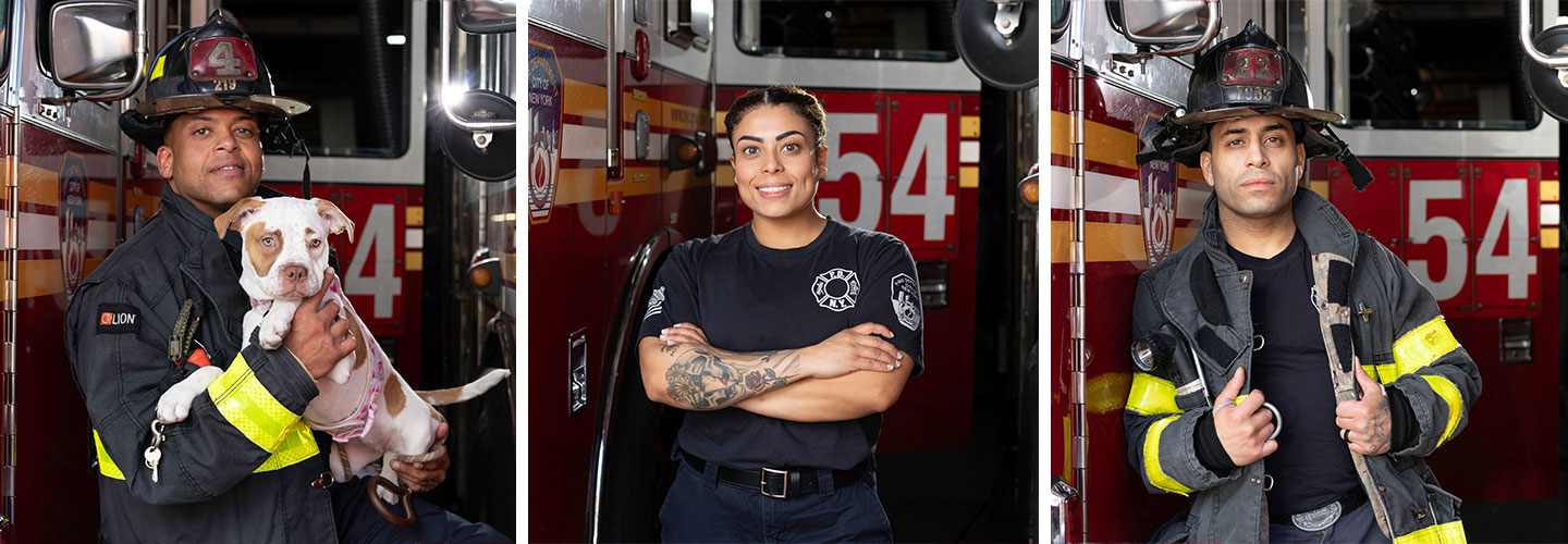 Three portraits of firefighters posed in front of red fire trucks at a fire station