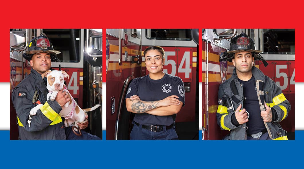Three portraits of firefighters in uniform posed in front of a fire truck