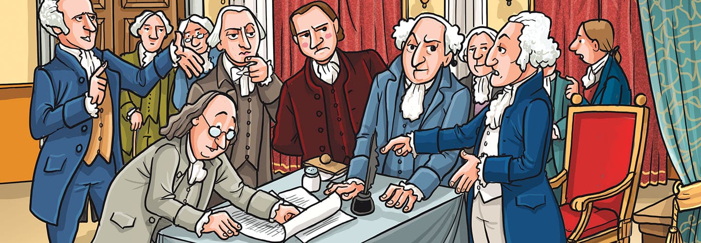 A group of colonial-era men debate around a table with documents and a quill pen