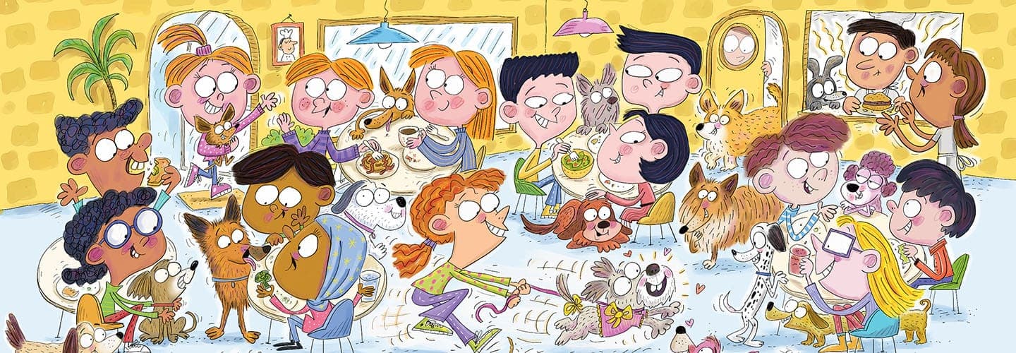 A cartoon scene of children and dogs gathered together in a busy, lively indoor space with food and activity throughout