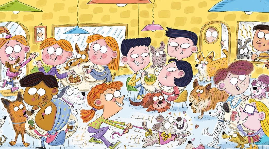 A busy cartoon restaurant scene with children and their dogs at tables and on the floor