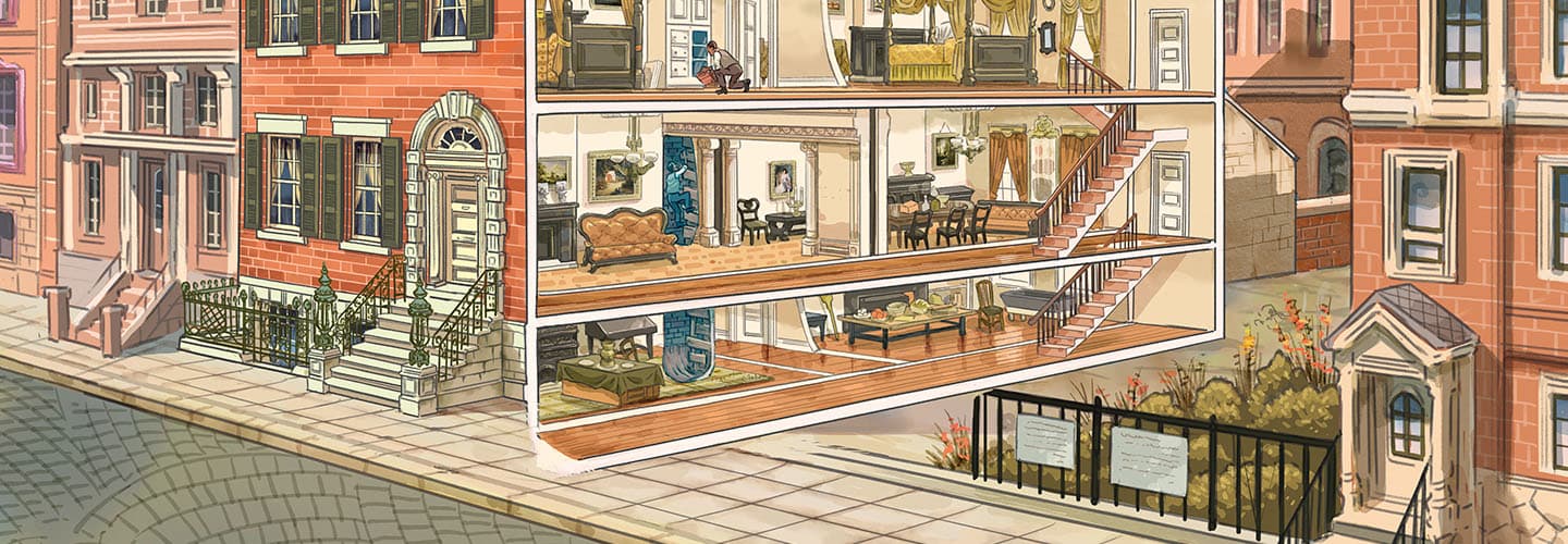 A brick townhouse with its interior floors and furnished rooms visible through a cutaway view