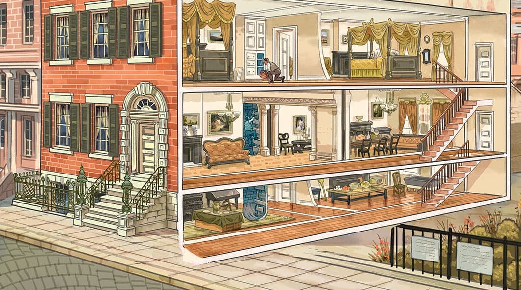 A cutaway view of a historic brick townhouse reveals three furnished floors and a person on the top level