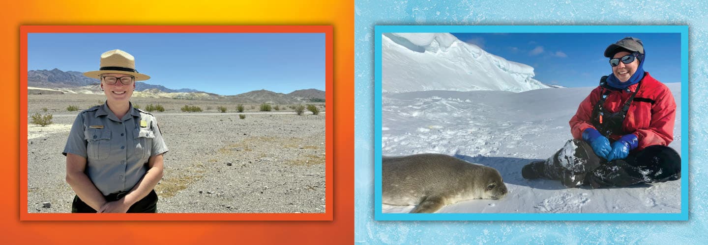 Two portraits of a woman, one as a park ranger in a desert and one beside a seal on ice