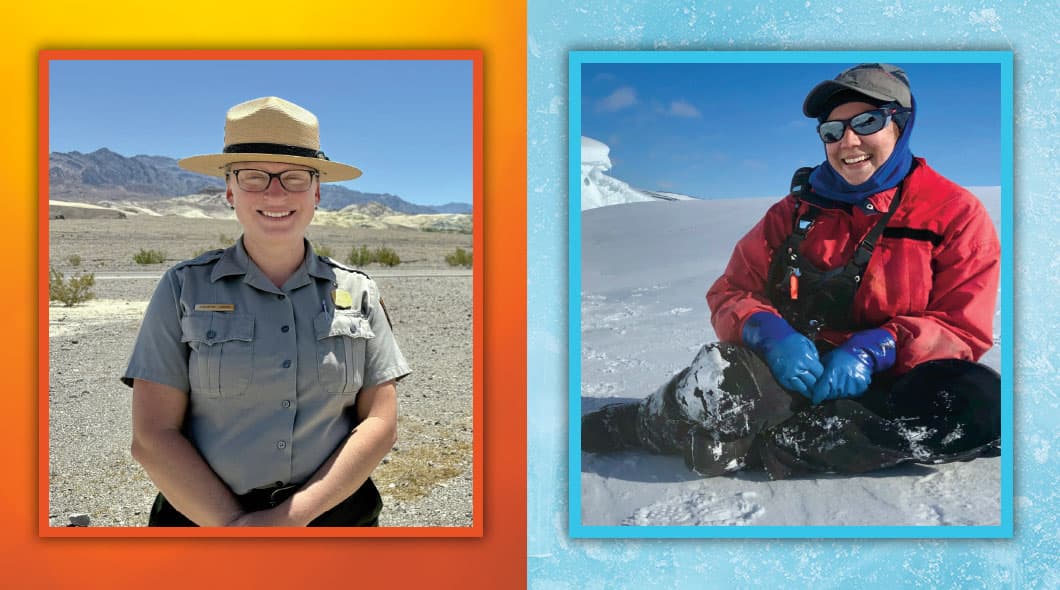 Two portraits: a park ranger stands in a desert, and a person kneels beside a seal on snow and ice
