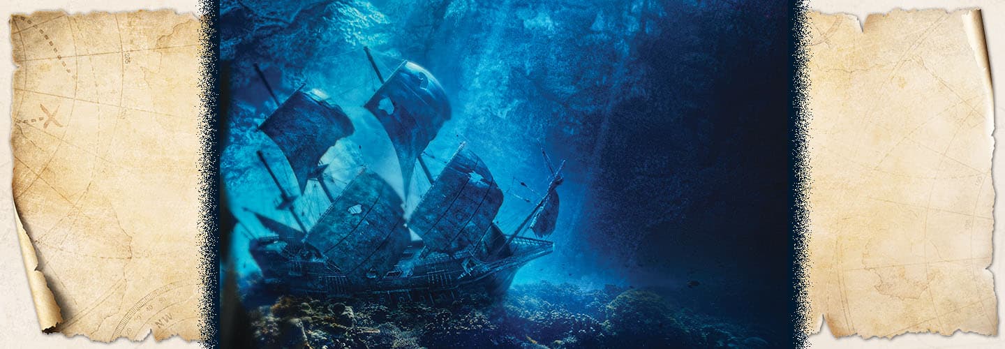 A sunken sailing ship rests on the ocean floor, surrounded by coral and dim blue light