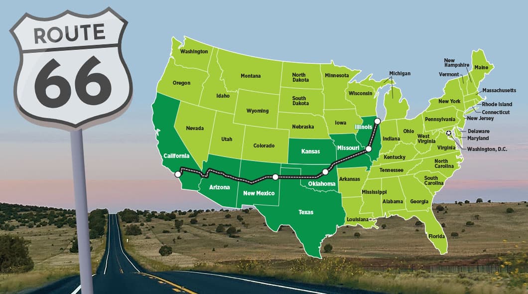 Composite image of a Route 66 sign & a map tracing the highway from Illinois to California